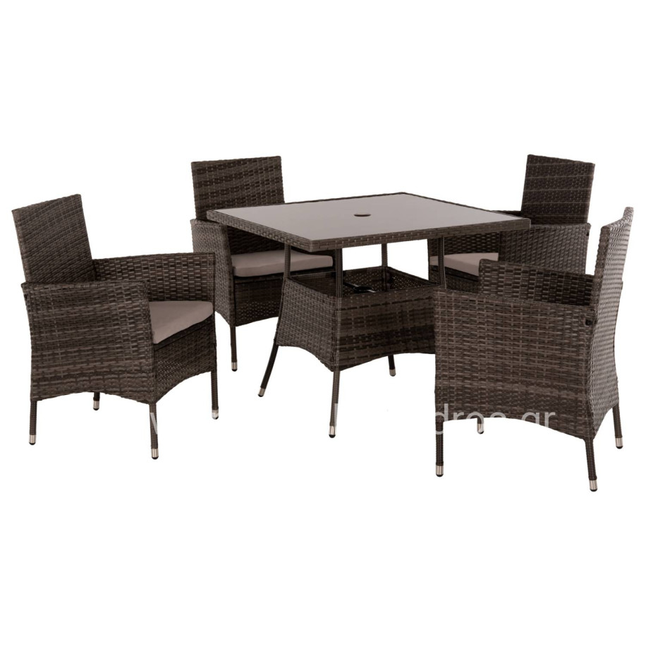 OUTDOOR DINING SET 5PCS HM5965 BROWN RATTAN-METAL FRAME-GLASS TABLETOP