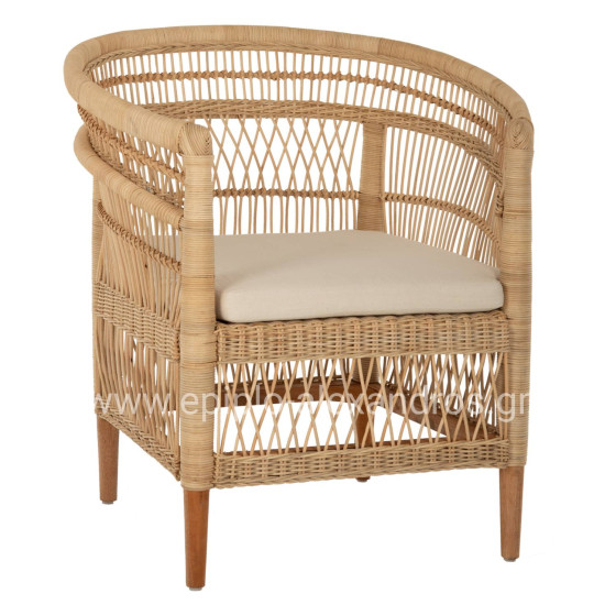 ARMCHAIR MALAWI HM9635.04 MAHOGANY WOOD-RATTAN-WHITE CUSHION 80x70x86Hcm.