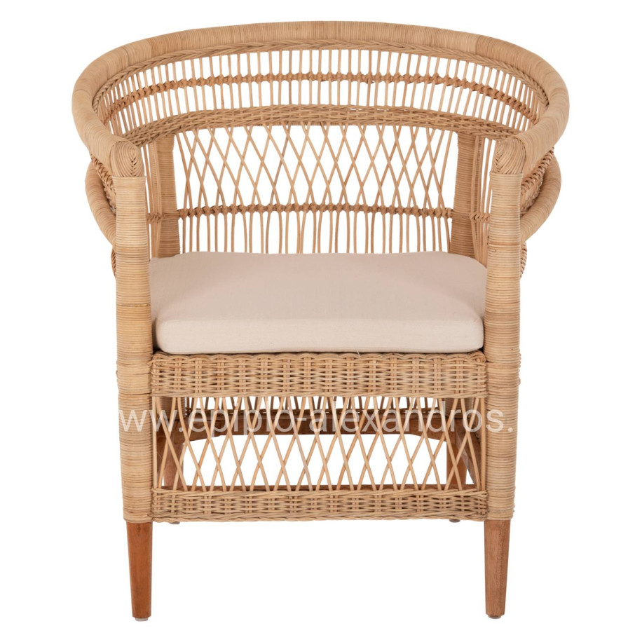 ARMCHAIR MALAWI HM9635.04 MAHOGANY WOOD-RATTAN-WHITE CUSHION 80x70x86Hcm.