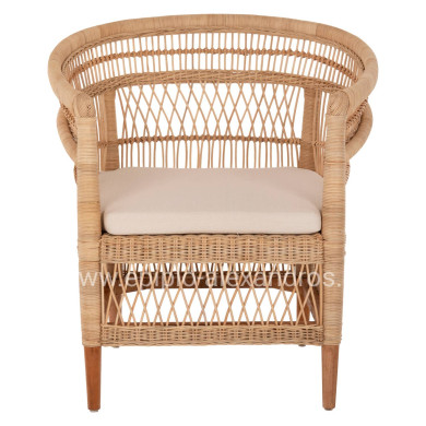 ARMCHAIR MALAWI HM9635.04 MAHOGANY WOOD-RATTAN-WHITE CUSHION 80x70x86Hcm.