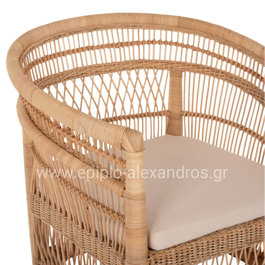 ARMCHAIR MALAWI HM9635.04 MAHOGANY WOOD-RATTAN-WHITE CUSHION 80x70x86Hcm.