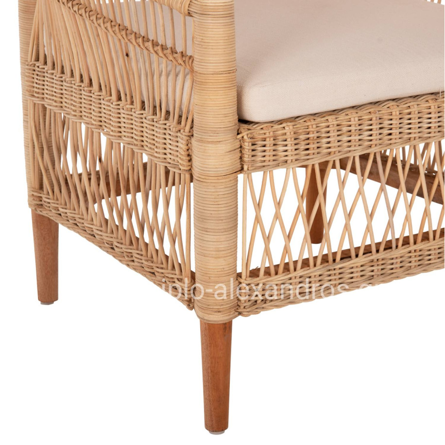 ARMCHAIR MALAWI HM9635.04 MAHOGANY WOOD-RATTAN-WHITE CUSHION 80x70x86Hcm.
