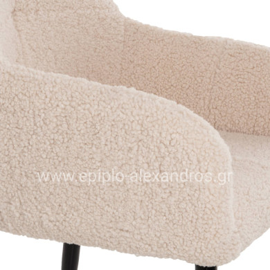 ARMCHAIR SHELLY HM8591.02 TEDDY FABRIC IN WHITE-BLACK METAL LEGS 57x55x87Hcm.