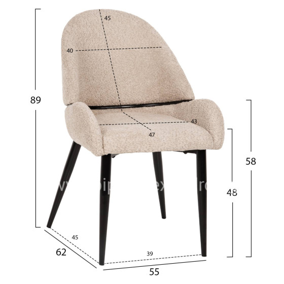 CHAIR SARKY HM8585.02 BOUCLE ECRU FABRIC-BLACK METAL LEGS 55x62x89Hcm.