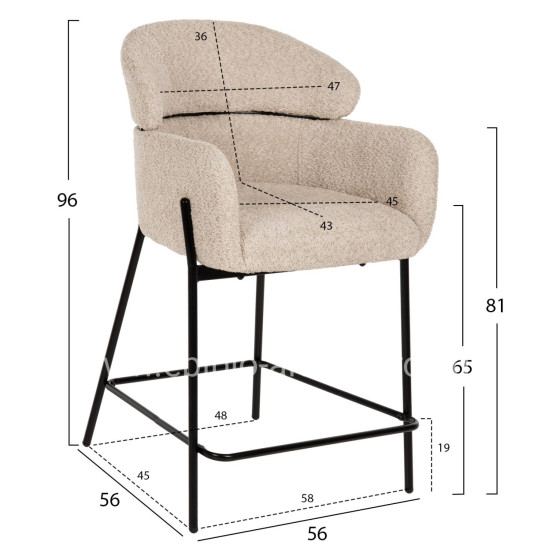 BAR STOOL MEDIUM HEIGHT WOLF HM8584.02 ECRU BOUCLE FABRIC-BLACK METAL LEGS 56x56x96Hcm.