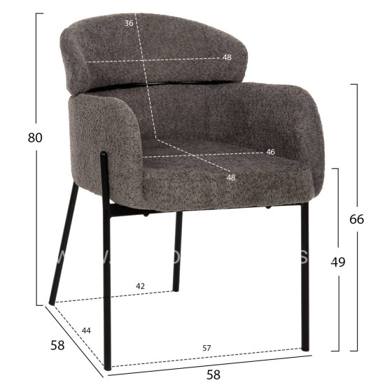 ARMCHAIR WOLF HM8583.01 GREY BOUCLE FABRIC-BLACK METAL LEGS 58x58x80Hcm.