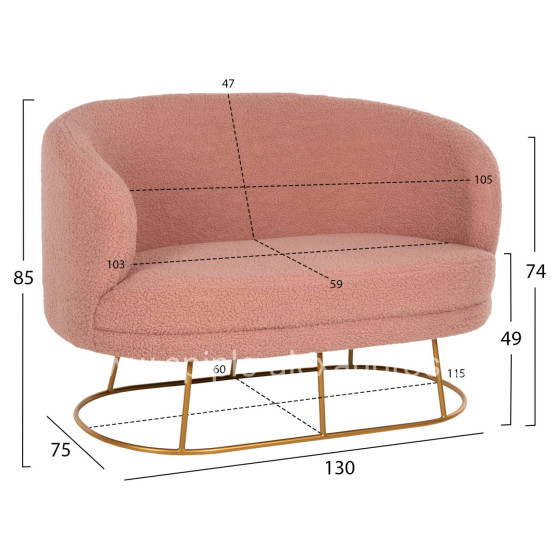 SOFA 2-SEATER ARIEN HM8492.22 DUSTY PINK BOUCLE FABRIC AND GOLD METAL BASE 130x75x85Hcm.