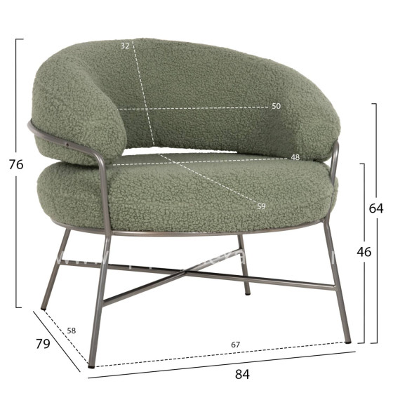 ARMCHAIR TRUDI HM8639.27 PISTACHIO GREEN BOUCLE FABRIC AND SILVER METAL FRAME 84x79x76Hcm.