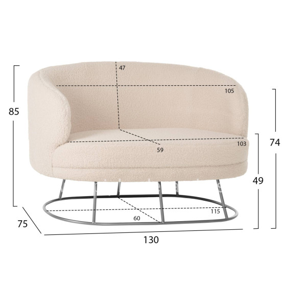 SOFA 2-SEATER ARIEN HM8492.23 WHITE BOUCLE FABRIC AND SILVER METAL BASE 130x75x85Hcm.