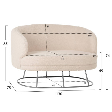 SOFA 2-SEATER ARIEN HM8492.23 WHITE BOUCLE FABRIC AND SILVER METAL BASE 130x75x85Hcm.