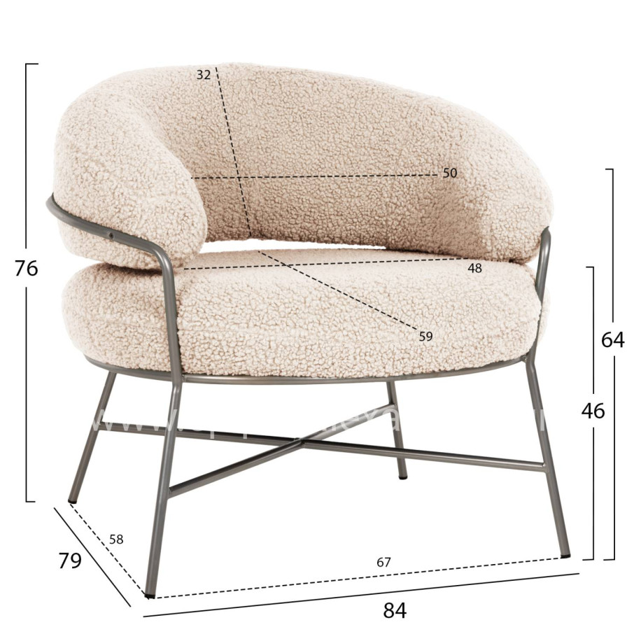 ARMCHAIR TRUDI HM8639.23 WHITE BOUCLE FABRIC AND SILVER METAL FRAME 84x79x76Hcm.