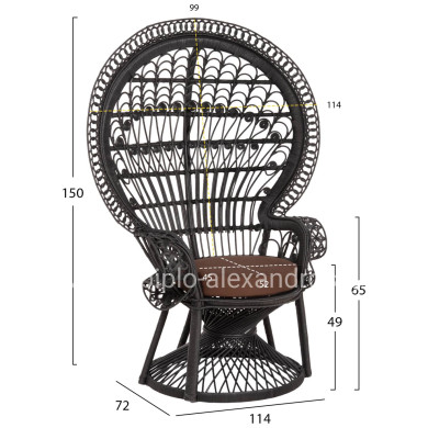 ARMCHAIR ROYAL PEACOCK HM9342.03 RATTAN IN BLACK- CUSHION BLACK 114x72x150Hcm.