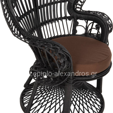 ARMCHAIR ROYAL PEACOCK HM9342.03 RATTAN IN BLACK- CUSHION BLACK 114x72x150Hcm.