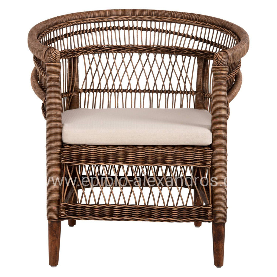 ARMCHAIR MALAWI HM9635.01 MAHOGANY WOOD WITH RATTAN IN BROWN-WHITE CUSHION 80x70x86Hcm.