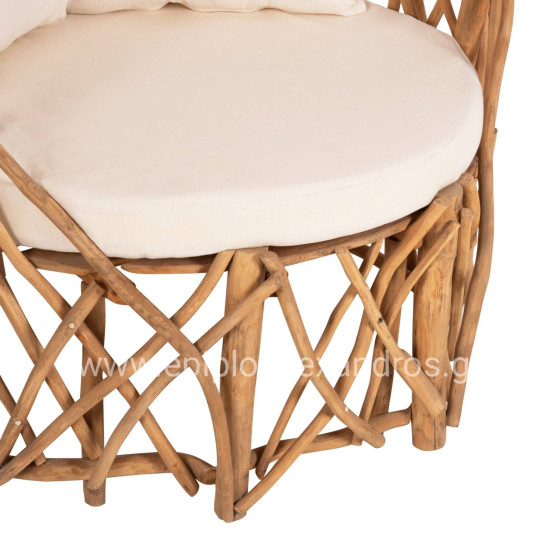 ARMCHAIR KAAN HM5994 TEAK BRANCH IN NATURAL-WHITE CUSHIONS 95x89x80Hcm.