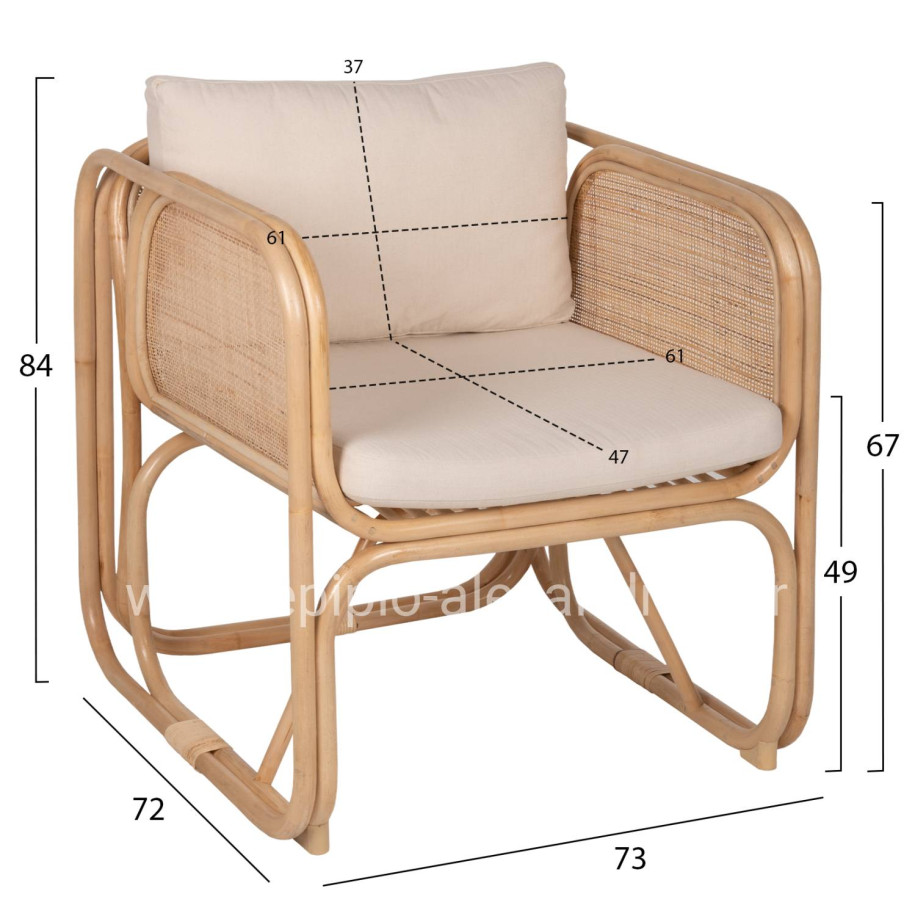 ARMCHAIR WENDY HM9816 RATTAN IN NATURAL POLISHED COLOR-WHITE CUSHIONS 73x72x84Hcm.