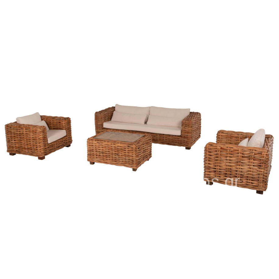 OUTDOOR LOUNGE SET 4PCS TROPEL HM9656 NATURAL RATTAN-MAHOGANY WOOD-WHITE CUSHIONS
