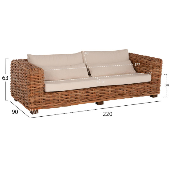 OUTDOOR LOUNGE SET 4PCS TROPEL HM9656 NATURAL RATTAN-MAHOGANY WOOD-WHITE CUSHIONS