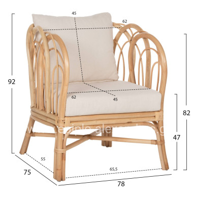 ARMCHAIR ESTOR HM9817 RATTAN IN NATURAL-WHITE CUSHION 78x75x92Hcm.