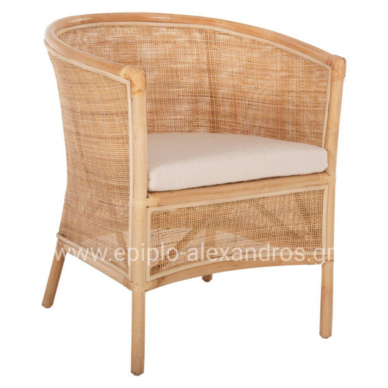 ARMCHAIR APRON HM9818 PERFORATED RATTAN IN NATURAL COLOR-WHITE CUSHION 75x70x85Hcm.