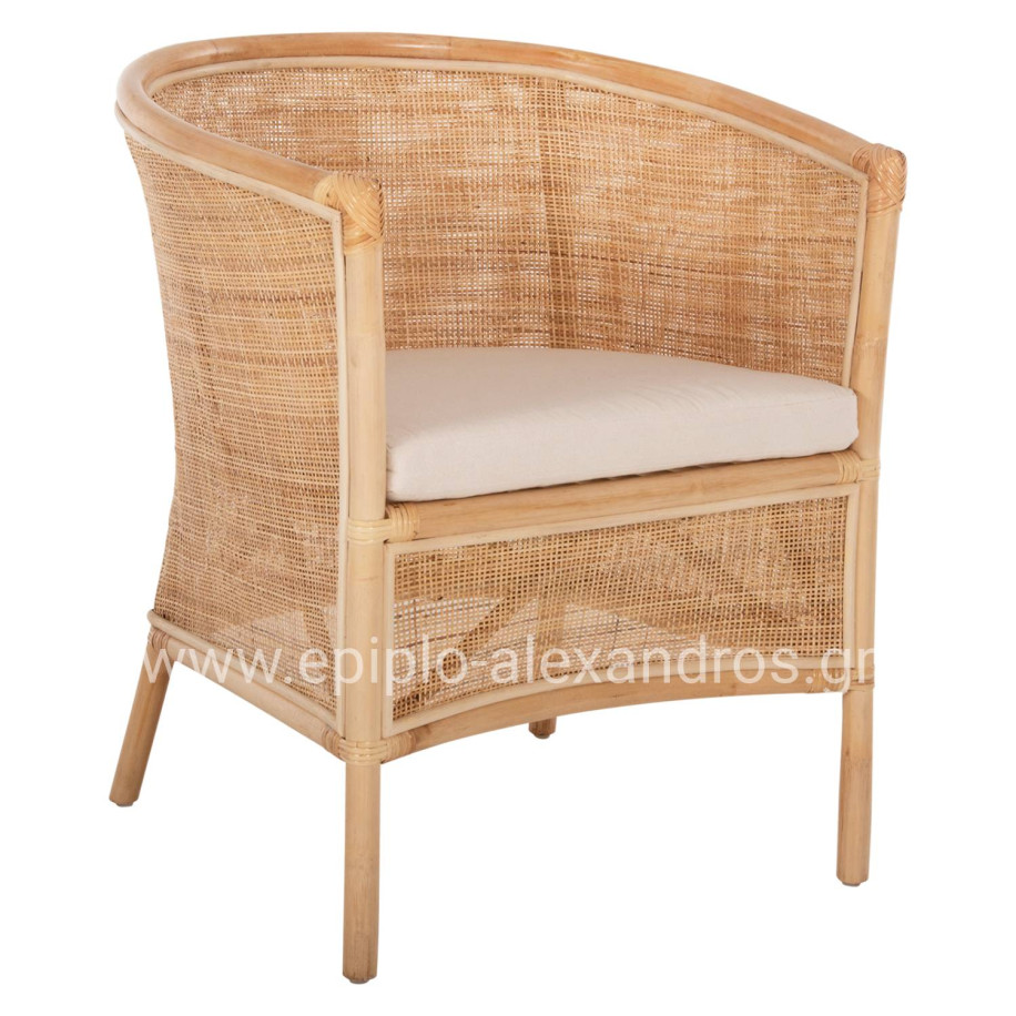 ARMCHAIR APRON HM9818 PERFORATED RATTAN IN NATURAL COLOR-WHITE CUSHION 75x70x85Hcm.