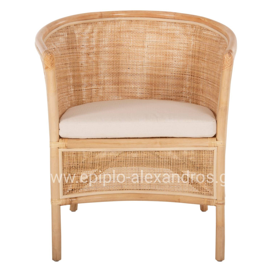 ARMCHAIR APRON HM9818 PERFORATED RATTAN IN NATURAL COLOR-WHITE CUSHION 75x70x85Hcm.