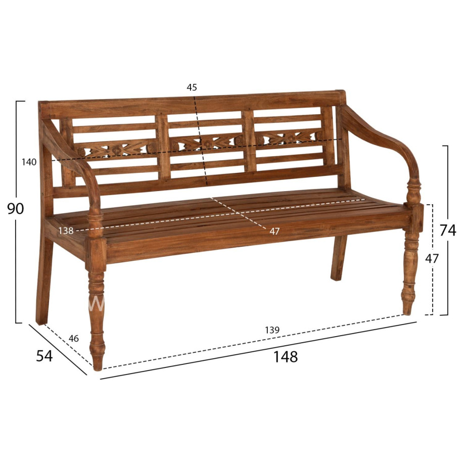 OUTDOOR BENCH HM7903 SOLID MAHOGANY WOOD IN NATURAL WITH BACKREST AND ARMS 148x54x90Hcm.