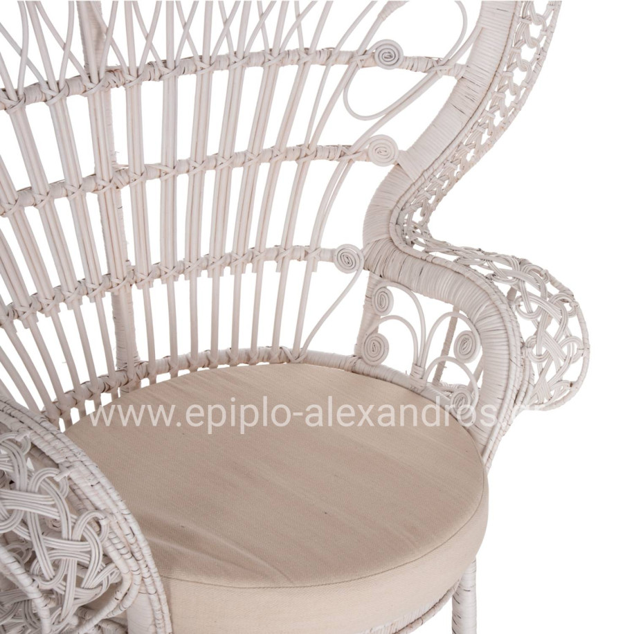 ARMCHAIR ROYAL PEACOCK HM9342.02 RATTAN IN WHITE- CUSHION WHITE 114x72x150Hcm.