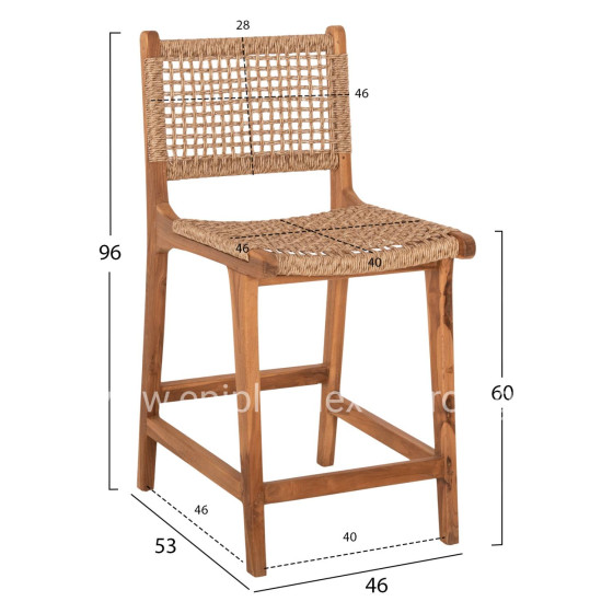 BAR STOOL WITH BACKREST NESHA HM9381.11 TEAK WOOD & VIRO ROPE 46x48.5x96Η cm.
