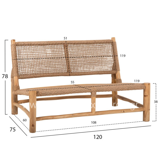 OUTDOOR SOFA 2-SEATER LONDER HM5984 TEAK WOOD AND SYNTHETIC TWISTED RATTAN 120x75x78H cm.