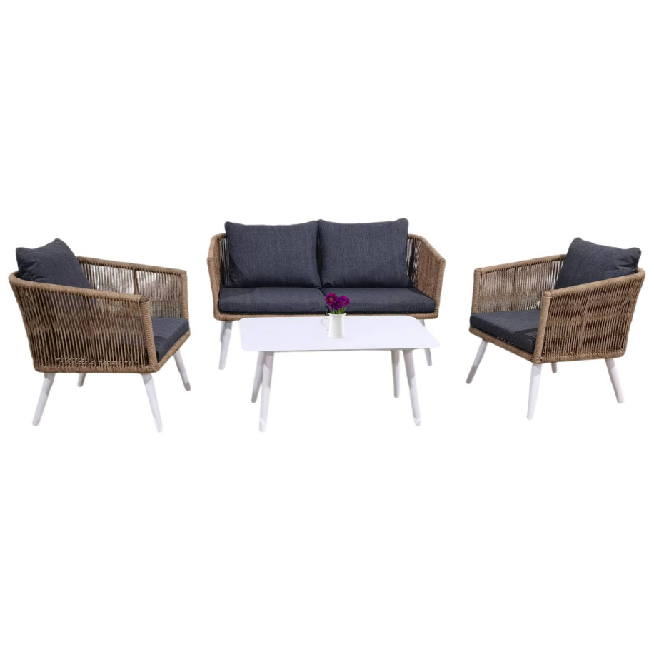OUTDOOR LOUNGE 4PCS SET FREJA HM6057.01 ALUMINUM IN WHITE-PE RATTAN IN BEIGE-ANTHRACITE CUSHIONS