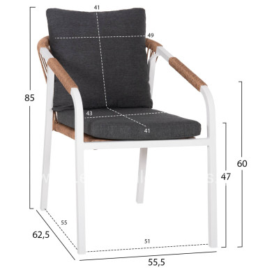 ARMCHAIR MAERLY HM6051.01 WHITE ALUMINUM-ANTHRACITE CUSHIONS-P.E.RATTAN IN LIGHT BROWN 55,5x62,5x85Hcm.
