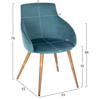 DINING ARMCHAIR IVY HM8546.05 TURQUOISE VELVET AND METAL LEGS IN NATURAL WOOD COLOR 53x55x79Hcm.