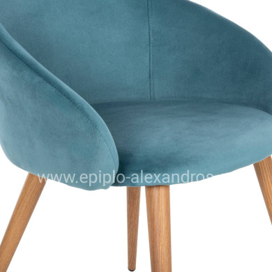 DINING ARMCHAIR IVY HM8546.05 TURQUOISE VELVET AND METAL LEGS IN NATURAL WOOD COLOR 53x55x79Hcm.