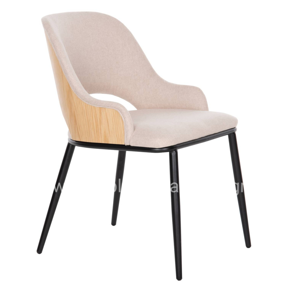 DINING CHAIR DELF HM9617.02 BEIGE FABRIC-BLACK METAL LEGS-WOODEN BACK IN OAK 48x55x76Hcm.