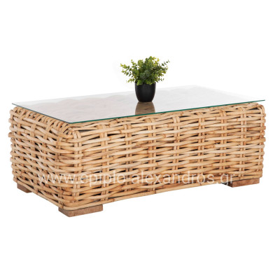OUTDOOR COFFEE TABLE TROPEL HM9811 MANGO WOOD-NATURAL RATTAN-SAFETY GLASS 110x60x40Hcm.