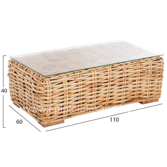OUTDOOR COFFEE TABLE TROPEL HM9811 MANGO WOOD-NATURAL RATTAN-SAFETY GLASS 110x60x40Hcm.