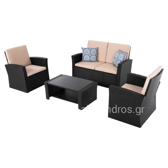 OUTDOOR LOUNGE 4PCS SET THORE HM5978 SYNTHETIC RATTAN IN BLACK-BEIGE CUSHIONS