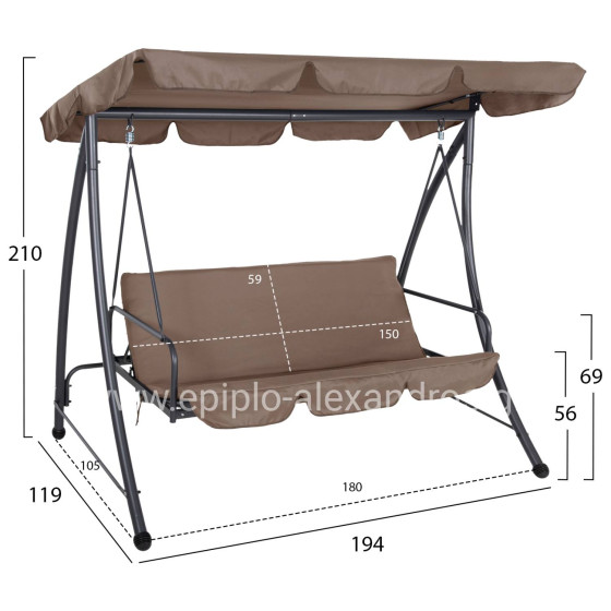 PORCH SWINGER-BED 3-SEATER LIKID HM5980.02 METAL FRAME IN GREY-FABRIC IN LIGHT BROWN 200x120x164Hcm.