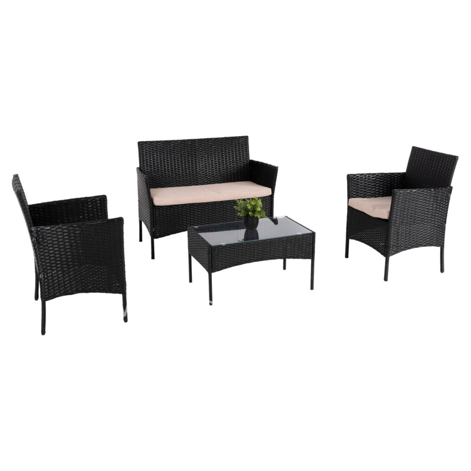 OUTDOOR LOUNGE SET 4PCS STASIA HM6089.01 SYNTHETIC RATTAN IN BLACK-CUSHIONS IN CAPPUCCINO