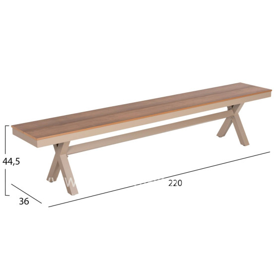 ALUMINUM BENCH TAWNEE HM6040.04 CHAMPAGNE COLOR- POLYWOOD SEAT IN NATURAL WOOD COLOR 220x36x44,5Hcm.