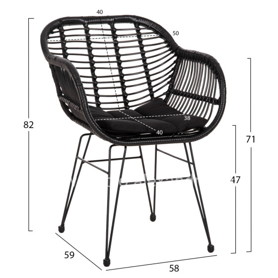 ARMCHAIR WITH SEAT CUSHION METAL FRAME ALLEGRA HM5450.32 BLACK RATTAN IN WICKER 58x59x82H