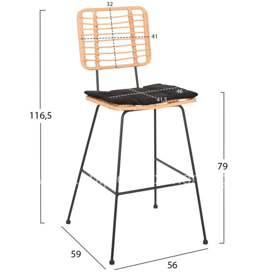 BAR STOOL ALLEGRA HM5455.11 METAL&CUSHION BLACK-WICKER BEIGE 56x59x116.5Hcm.