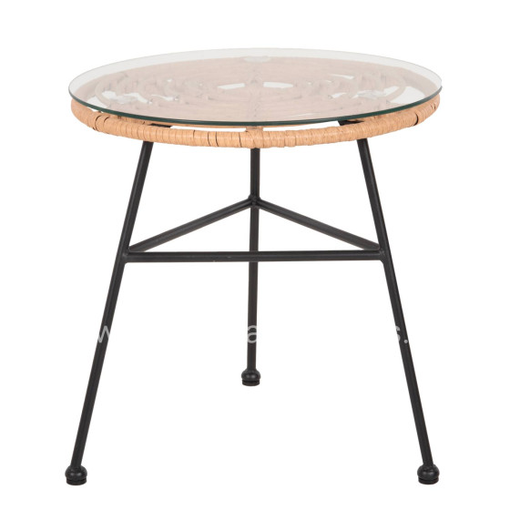 SIDE TABLE ROUND BLACK METAL ALLEGRA HM5459.11 BEIGE WICKER-GLASS Φ45x46Hcm.