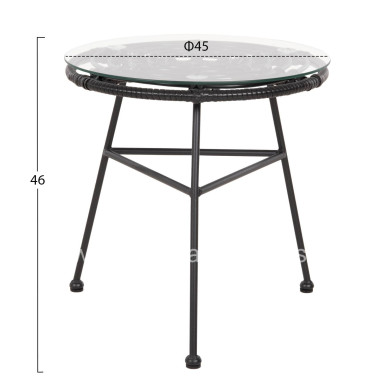 SIDE TABLE ROUND BLACK METAL ALLEGRA HM5459.12 BLACK WICKER-GLASS Φ45x46Hcm.