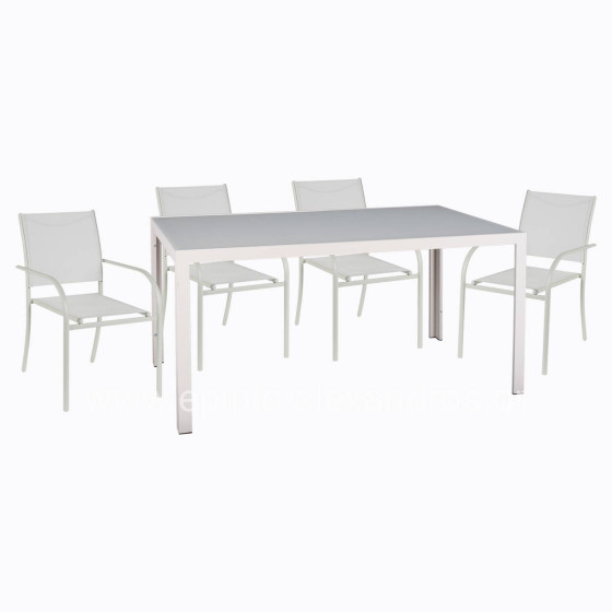 OUTDOOR DINING SET 5PCS OFER HM21030 WHITE METAL TABLE-WHITE METAL ARMCHAIRS