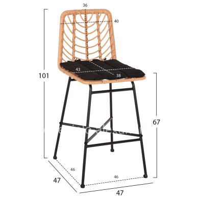 BAR STOOL MED.HEIGHT GERALD HM5707.11 METAL&CUSHION IN BLACK-WICKER IN BEIGE 47x47x101Hcm.