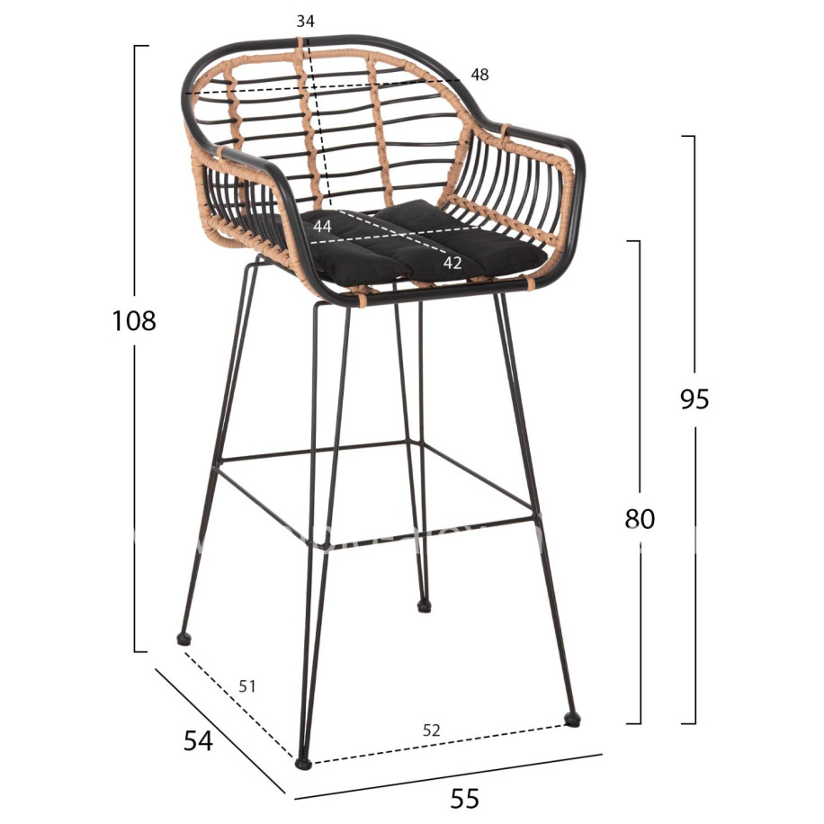 BAR STOOL ALLEGRA HM5690.11 METAL&CUSHION BLACK-WICKER BEIGE 55x54x108Hcm.