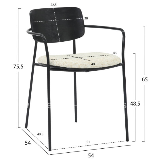 DINING CHAIR VIKKI HM9980.02 METAL & PLYWOOD IN BLACK-ECRU FABRIC 54x54x75,5Hcm.