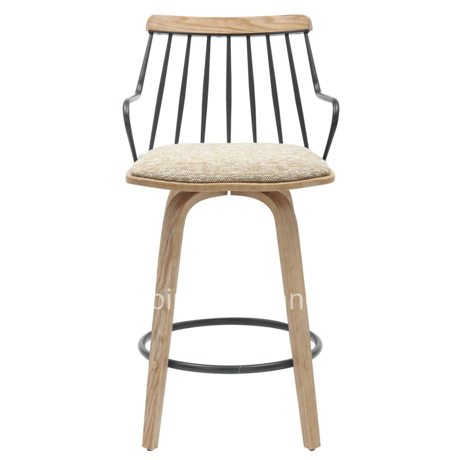 BAR STOOL JUDI HM9985.01 PLYWOOD IN WHITEWASH-BLACK METAL-BEIGE FABRIC 48x52x92Hcm.